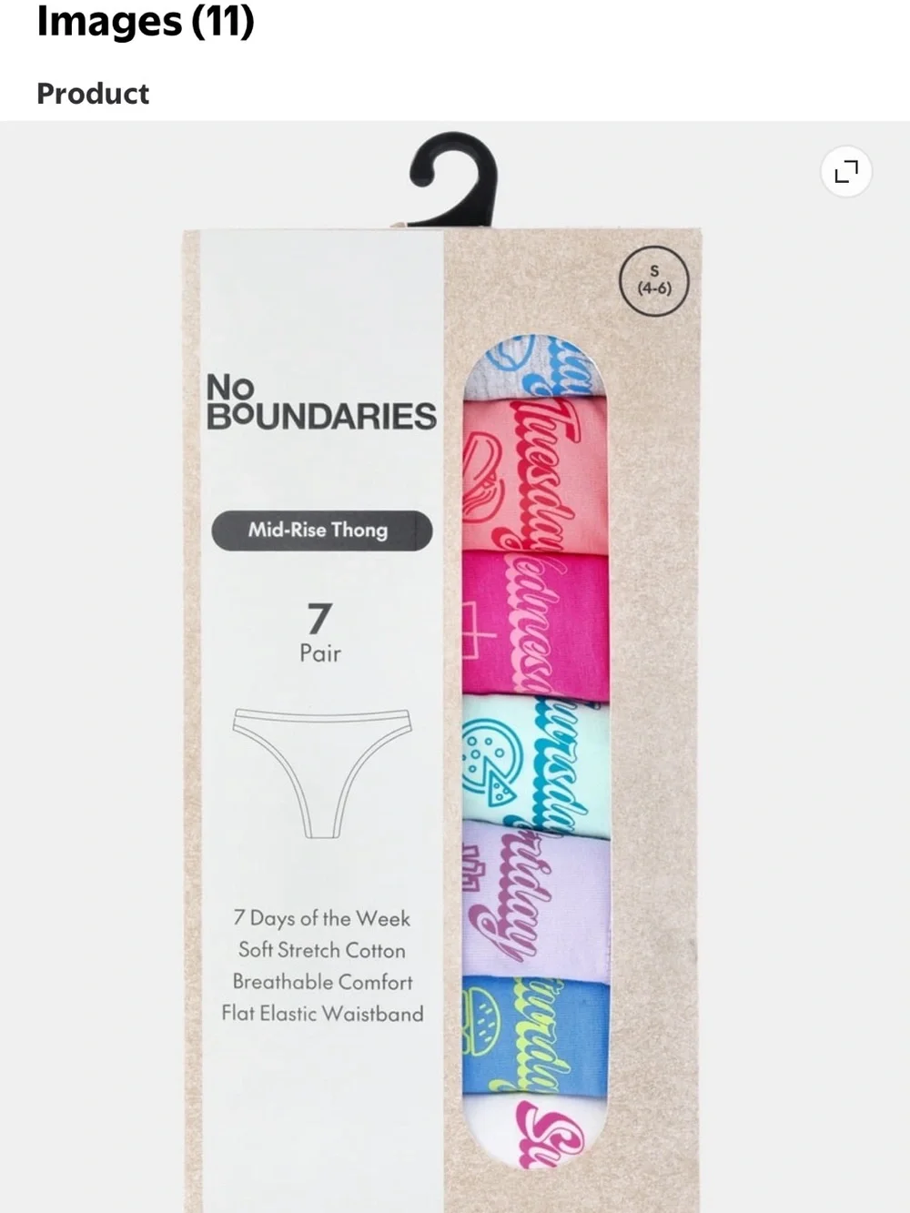 No Boundaries 7-Pack days of the week Mid-Rise Thongs in Pink, Blue, Teal,